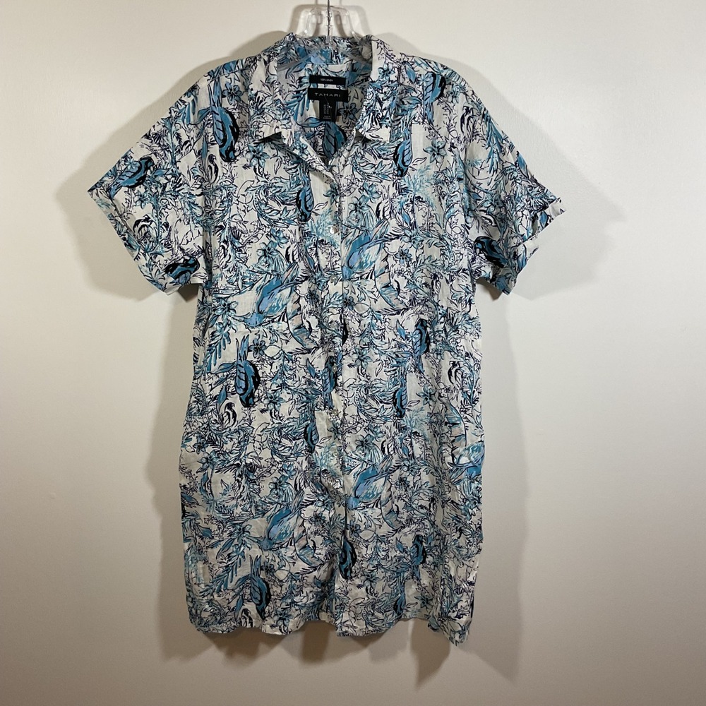 Tahari 100% Linen Shirt Dress Women XL Blue White Tropical Bird Floral Coastal